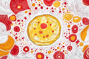 Aufkleber - Colorful hand drawn doodle featuring a vibrant pizza surrounded by abstract shapes and patterns in red and yellow hues. Generative AI