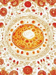 Poster - Hand drawn doodle of a vibrant circular dessert surrounded by intricate floral patterns and bright colors. Generative AI