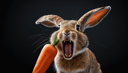 Rabbit with an orange carrot expressing excitement in front of a dark background during a playful moment