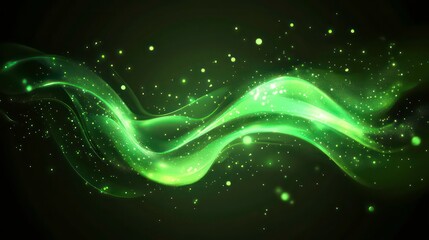 Wall Mural - Abstract green swirl with glowing particles on a dark background.