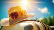 © Andrea - Travel image with closeup white luggage suitcase bag, sun hat and sunglasses. Vacation explore wandering adventure weekend trip lifestyle or spring break sunny getaway.