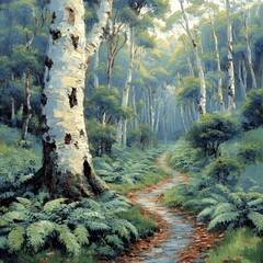 Canvas Print - Lush Forest Path with Birch Trees and Ferns Amid Sunlit Serenity and Tranquil Foliage: Explore a Picturesque Nature Trail in Peaceful Woodland Setting