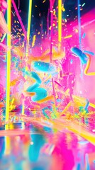 Poster - Vibrant and Abstract Neon Explosion with Colorful Fragments and Dynamic Light Patterns in a Futuristic Environment