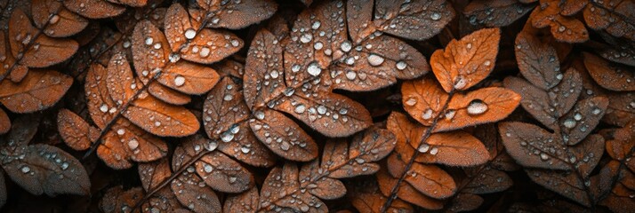 Poster - Sparkling dew drops clinging to a bed of brown autumn leaves, creating a captivating scene of natural beauty and the essence of fall in a serene forest setting