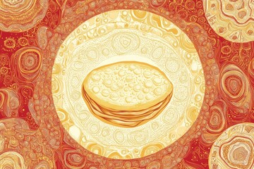 Poster - Delicate hand drawn doodle of pancakes on a vibrant background featuring swirls and patterns in warm colors. Generative AI