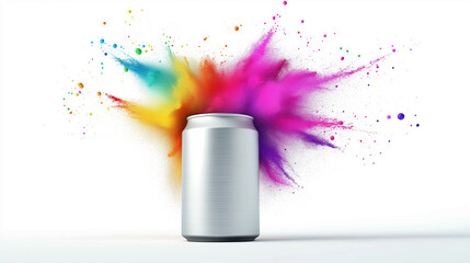 Poster - Silver soda can exploding with colorful powder on white background