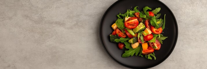 Poster - Healthy and colorful salad with avocado, tomatoes, arugula, and cheese is served on a stylish black plate, creating a vibrant and appetizing culinary scene in a modern kitchen