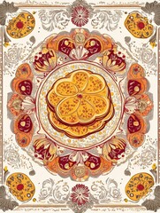 Poster - Hand drawn colorful doodle featuring an intricate floral design with a prominent circular pastry at the center. Generative AI