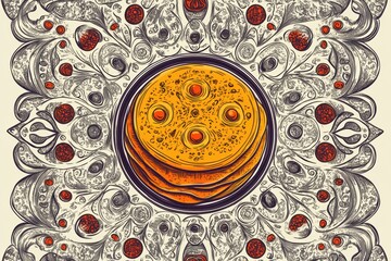 Poster - Doodle of a circular arrangement featuring colorful stacks of pancakes with intricate designs around them. Generative AI