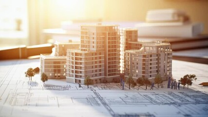 Poster - Miniature trees and architects surrounding an architectural model of a residential building complex standing on blueprints on a table in an office during a meeting at sunset