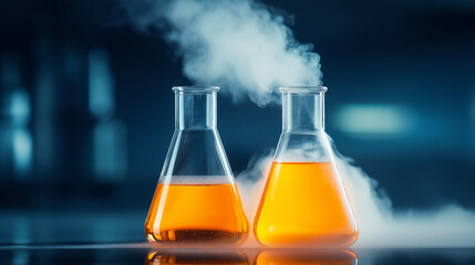 Aufkleber - Chemical reaction creating smoke in erlenmeyer flasks in laboratory