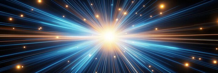 Fototapete - Bright flash of light speeding through space with streaks and particles