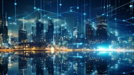 Poster - Illuminated skyscrapers reflecting in water at night, connected by a network of digital lines and nodes, symbolizing smart city technology and global communication