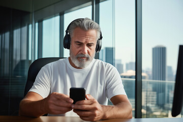 Leinwandbilder - Focused businessman wearing headphones using smartphone in modern office