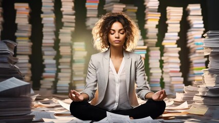Poster - Young businesswoman practicing yoga and meditation in lotus pose to relieve stress from overwork, sitting on the floor in office among piles of papers and books