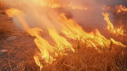 Aufkleber - Flames engulfing dry grass in a field, creating a dangerous wildfire and demonstrating the devastating power of nature during a natural disaster