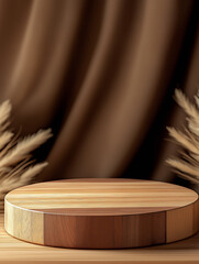 Poster - Empty round wooden podium on table with brown background for product placement