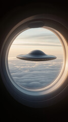 Poster - Ufo flying outside airplane window during sunset over clouds