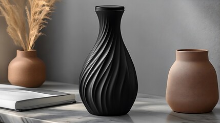 Wall Mural - Elegant Black Vase with Swirling Design on Marble Surface