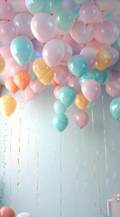 Poster - Pastel colored balloons float gracefully in a brightly lit room, complemented by neatly wrapped gifts, creating a joyful and celebratory atmosphere