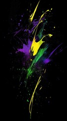Poster - Vibrant Abstract Background with Colorful Splashes in Yellow, Green, and Purple on Black Canvas for Dynamic Art and Design Projects