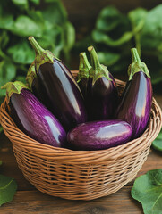 Wall Mural - Eggplants in a basket with green leaves around.