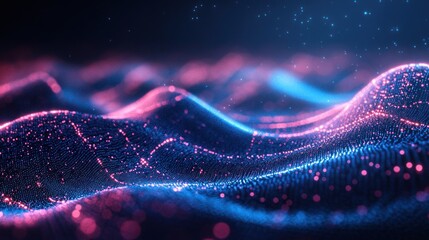 Fototapete - Abstract Digital Waves with Glowing Particles and Vibrant Colors Creating a Modern and Futuristic Background for Technology and Innovation Concepts