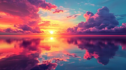 Vibrant sunset over a tranquil lake with dramatic clouds reflecting in the calm water surface 