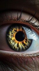 Poster - Extreme macro close up of an eye revealing intricate details of the iris with a mesmerizing pattern of lines and colors, surrounded by long eyelashes