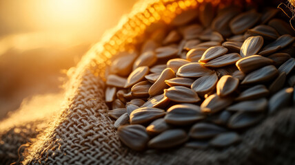 Poster - Sunflower seeds spilling from a burlap sack at sunset.