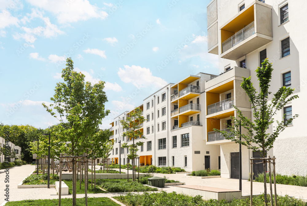 Cityscape of a residential area with modern sustainable apartment ...