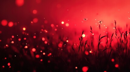 Poster - Ethereal Glowing Red Background with Soft Lights and Silhouetted Grass, Creating a Dreamy and Enigmatic Atmosphere in a Field at Dusk