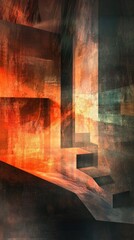 Poster - Abstract geometric composition in warm tones, showcasing layered shapes and dynamic lighting for a modern artistic expression in digital art