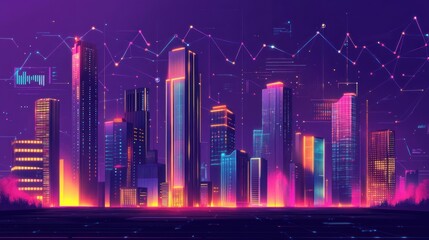 Poster - Futuristic Cityscape with Vibrant Neon Lights and Digital Elements Displaying Urban Landscape at Night for Creative and Tech-Themed Projects