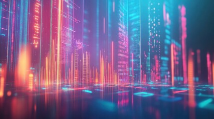 Poster - Futuristic cityscape with neon lights and glowing data streams creating a vibrant digital atmosphere, representing technology, innovation, and modern urban life.