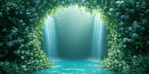 Wall Mural - Serene Double Waterfall in Lush Green Paradise with Blooming White Flowers in Mystical Cave Oasis - Perfect Nature Wallpaper and Relaxing Scenic View