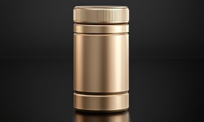 Poster - A gleaming gold canister rests on a black countertop, positioned in front of a dim, industrial kitchen