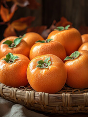 Wall Mural - Basket of ripe persimmons on a rustic table