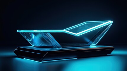 Futuristic glass display stand with neon blue light.