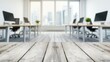 © CrazyJuke - A sleek wooden table sits emptily, framed by a blurred office, embodying the essence of modern workspaces.