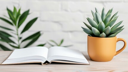 Wall Mural - A blank white book rests on a rustic wooden table, perfect for showcasing branding ideas in a cozy setting.