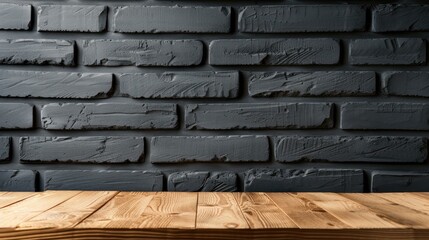 Poster - Ideal for product showcases, this rustic wooden counter against a brick wall provides a stylish backdrop for branding displays.