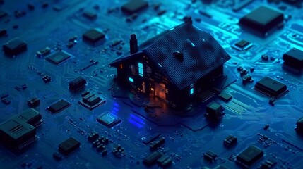 Aufkleber - A tiny house perched on a glowing circuit board, representing technology