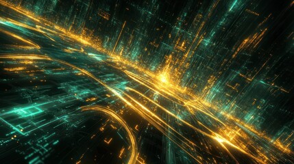 Poster - Abstract futuristic digital landscape with glowing lines, shimmering lights, and vibrant colors creating a sense of motion and depth in a technological city environment.