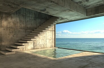 Poster - Minimalist white architecture with an infinity pool, featuring stairs and bathed in sunlight