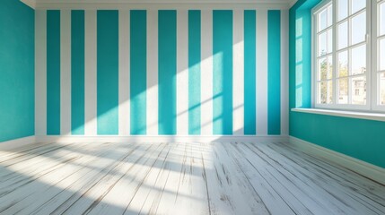 Poster - An empty room with light blue wood-paneled walls and a white floor