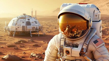 Wall Mural - astronaut explores the surface of mars near a habitat module