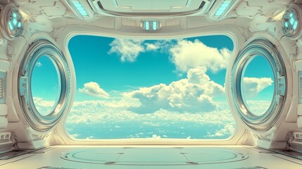 Poster - A futuristic white architecture interior offering a breathtaking ocean view