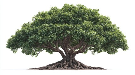 lush green banyan tree with exposed roots isolated on white.
