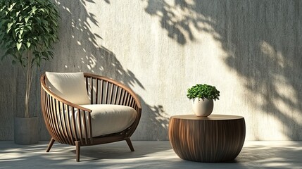 Poster - A minimalist white room featuring a chair, a plant, and a side table